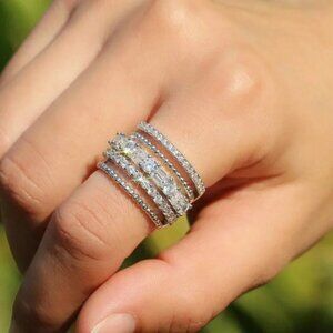 925 Sterling Silver Diamond Layered Wide Band Ring